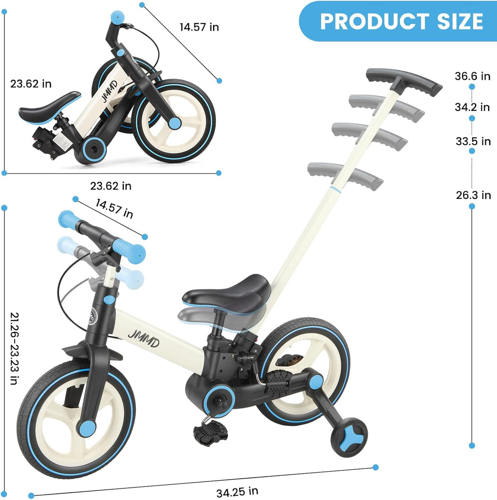 JMMD 6 in 1 Toddler Bike with Push Handle for Kids 18-60 Months, 12" Foldable Balance Bike with Training Wheels, Pedals, Brakes, Kickstand, Push Tricycle Toddler Gift & Toys for Boy & Girl