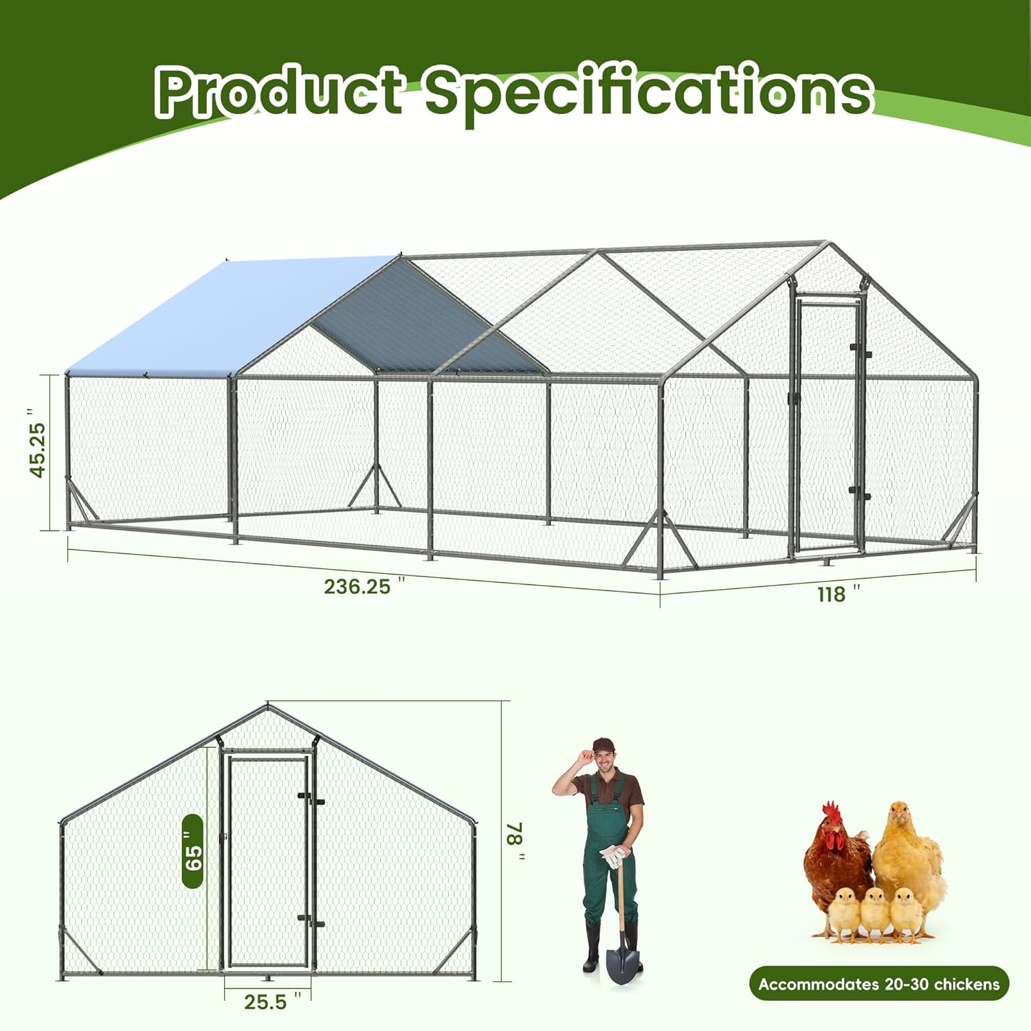 Large Metal Chicken Run Walk-in Poultry Cage Spire-Shaped Chicken Coop with Waterproof and Anti-Ultraviolet Cover for Outside Backyard and Farm 19.6' L x 9.8' W x 6.4' H