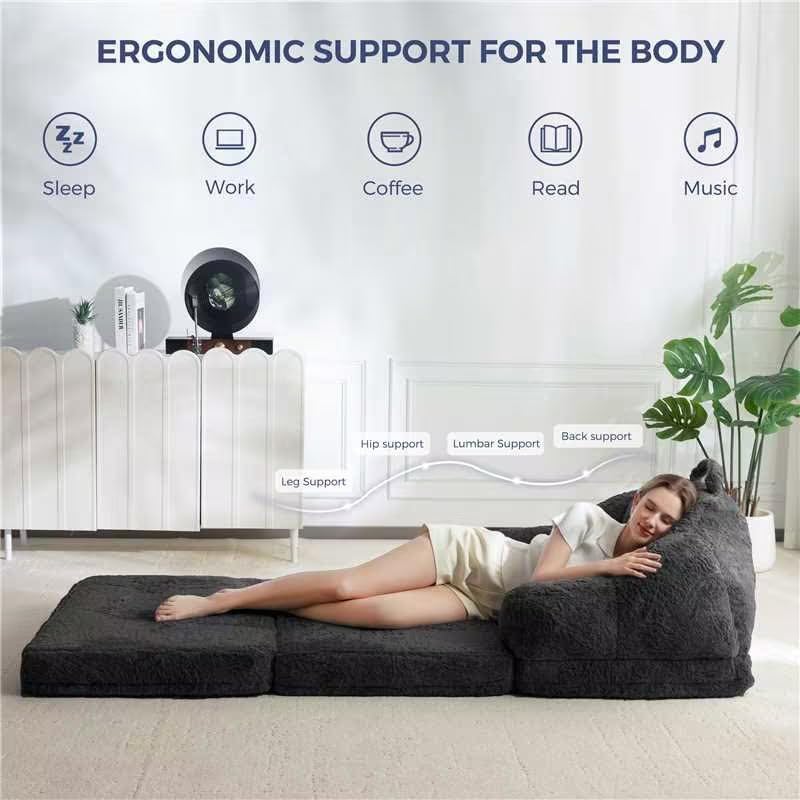 MAXYOYO Folding Sofa Bed, 2 in 1 Convertible Sofa to Lounger Comfy Single Bean Bag Chair for Adults, Floor Sleeper Couch with Handle, Faux Fur Couch Bed for Living Room Bedroom, Black
