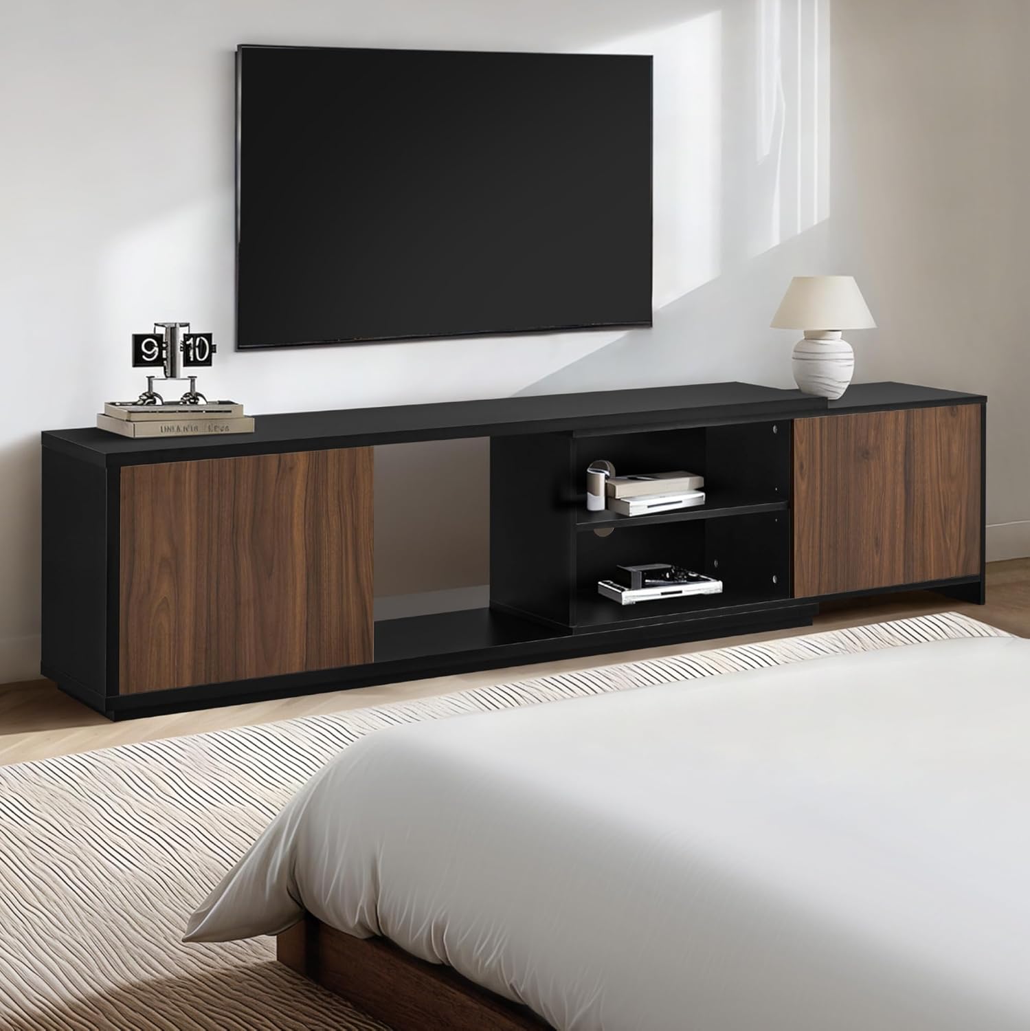 Extendable TV Stand for TVs up to 90",Modern Entertainment Center with Adjustable Shelf,Television Stand with 2 Storage Cabinets,Wooden TV Media Console for Living Room Bedroom Black