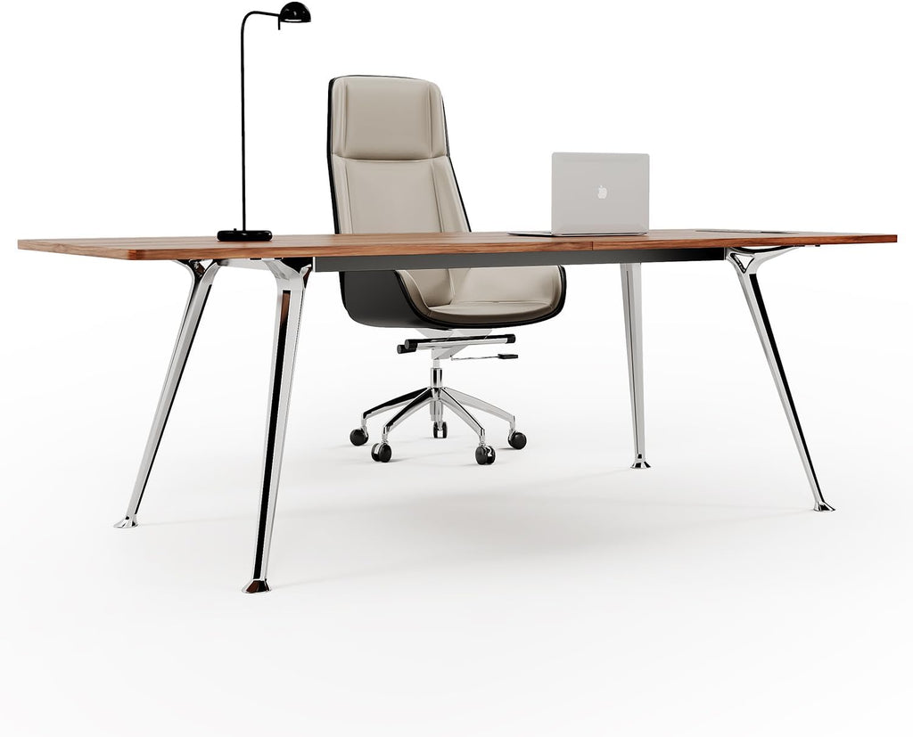 Writing Computer Desk, 60-Inch Large Executive Desk Office Workstation with Chrome-Plated Legs and Built-in Power Outlet, Writing Table Business Furniture, Modern Minimalist Style for Home Office