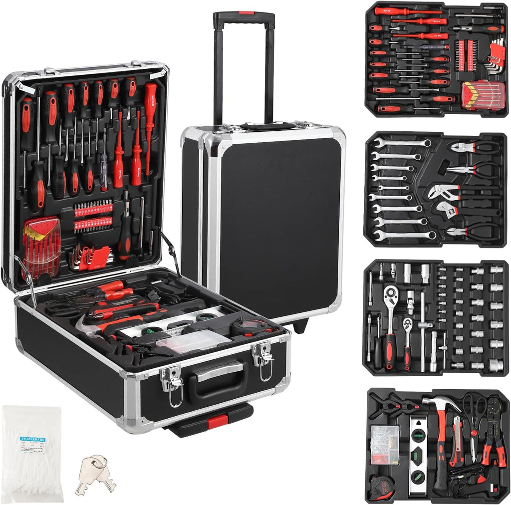 800-Piece Mechanics Tool Set with Rolling Aluminum Case, Complete Socket & Wrench Kit with Hand Tools, Portable Garage Tool Box for Auto Repair, Home Maintenance, DIY Projects & Garden Work