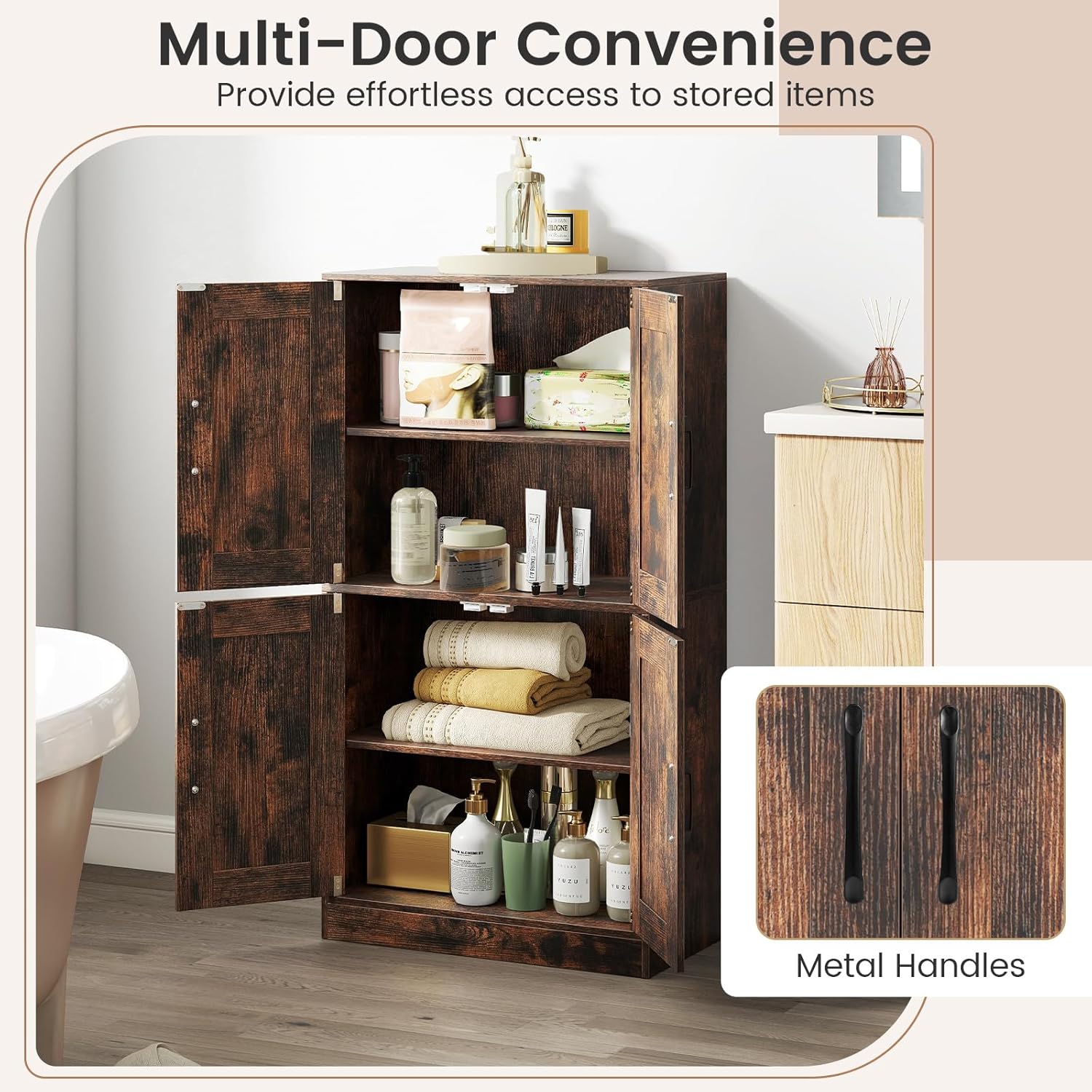 Giantex Bathroom Cabinet, 43.5” Storage Cabinet with Doors & Adjustable Shelves, Kitchen Pantry, Storage Organizer for Living Room Dining Room Study (Rustic Brown)