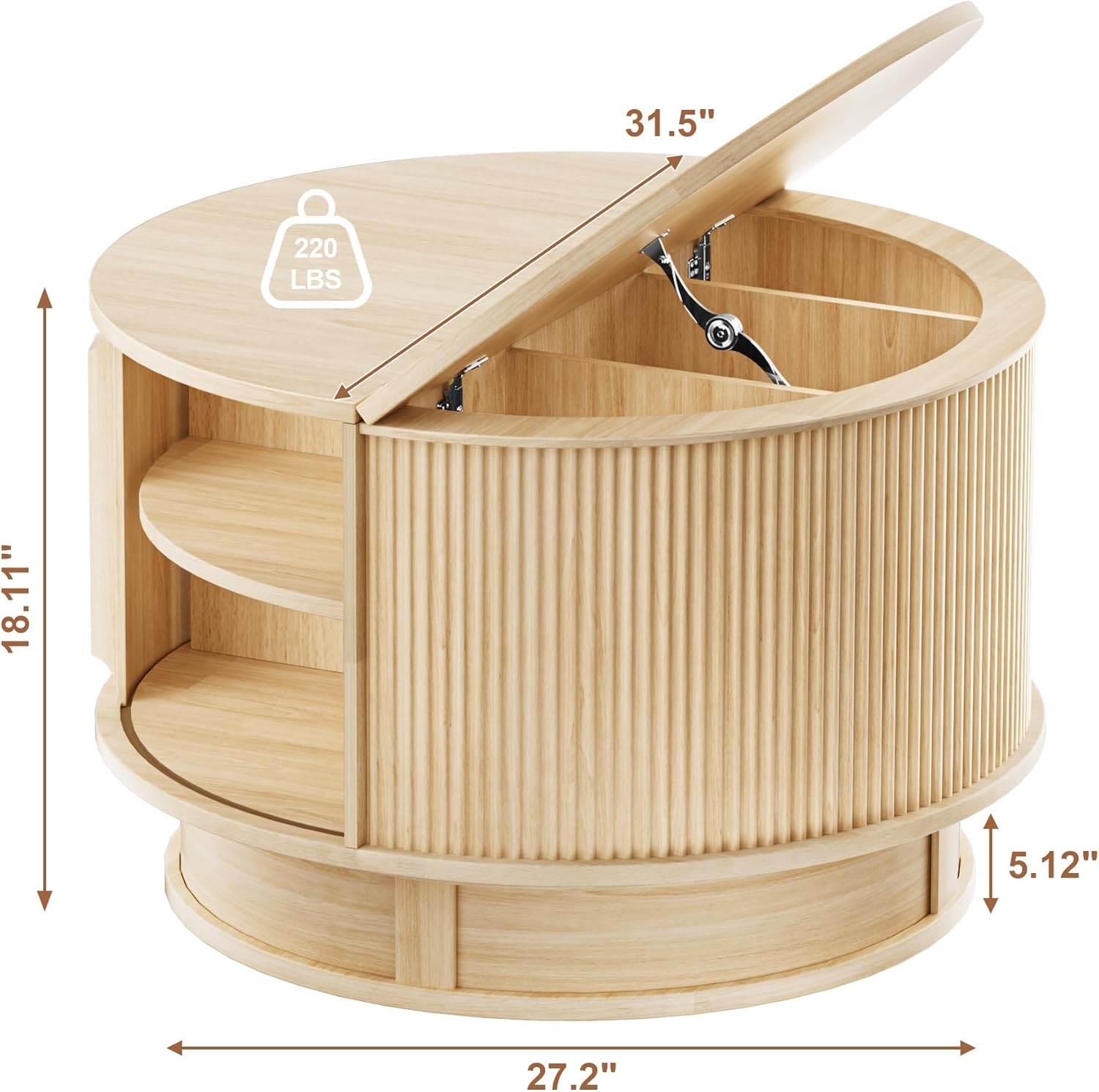 31.5" Round Fluted Coffee Table with Hidden Storage, Modern Wood Coffee Table with Flip-Up Hinged Tabletop, Divided Compartments and Rotating Base for Living Room & Apartment (Natural Wood)