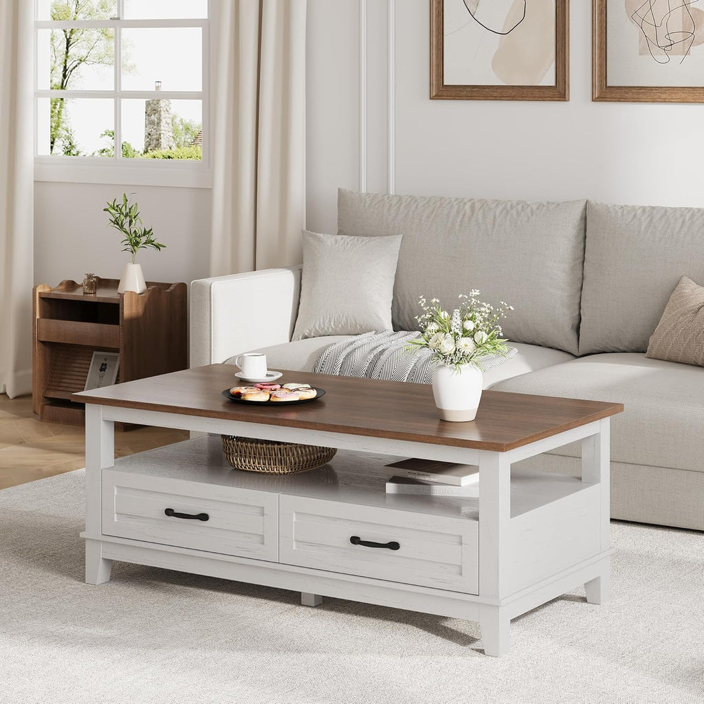 GarveeHome Farmhouse Coffee Table with Drawers, 47.2 in Center Table Rustic Coffee Tables White Brown Living Room Table, with Open Shelf and 6 Support Legs
