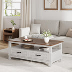 GarveeHome Farmhouse Coffee Table with Drawers, 47.2 in Center Table Rustic Coffee Tables White Brown Living Room Table, with Open Shelf and 6 Support Legs