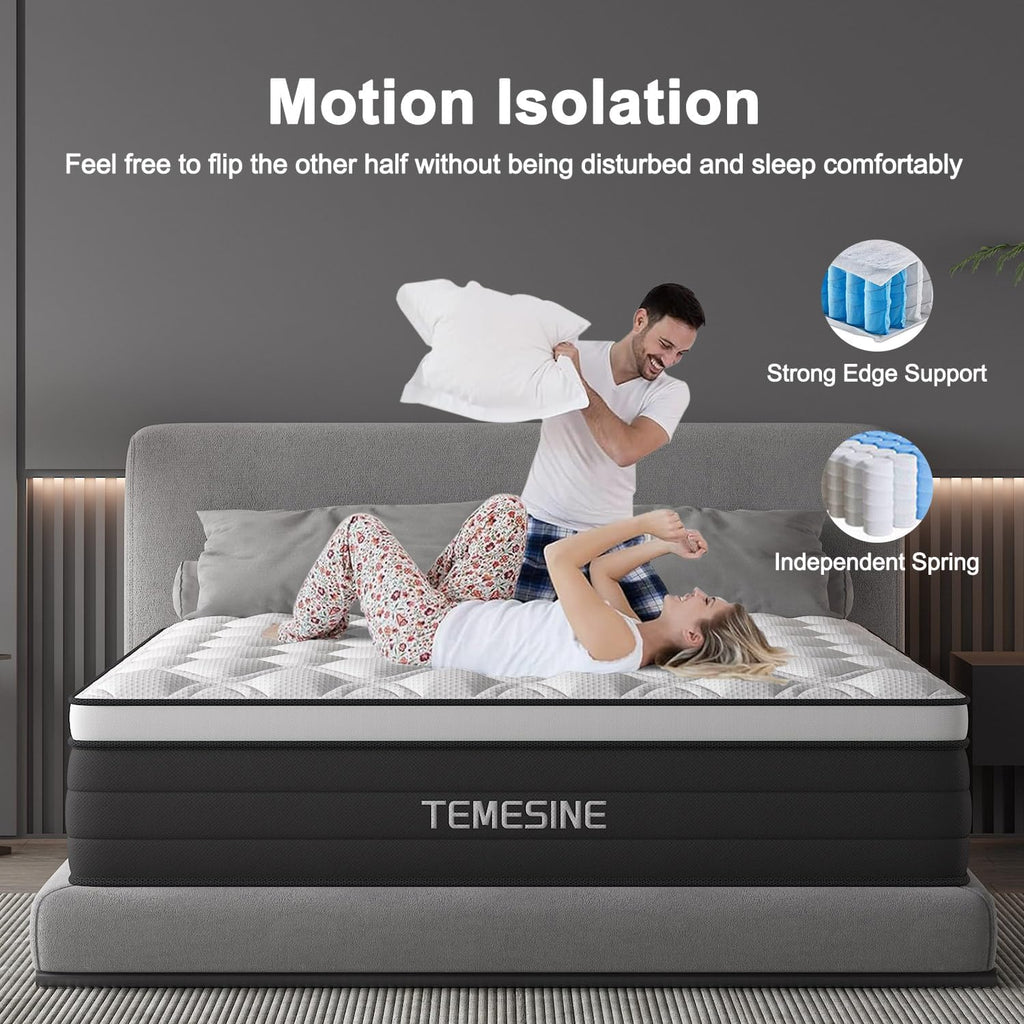 Queen Mattress, 14 Inch Hybrid Mattress in a Box with Individual Pocket Spring, Gel Memory Foam and Euro Top, Medium Firm Feel with Motion Isolation, Pressure Relief, Edge Support,Queen Size Black