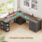 SEDETA Farmhouse L Shaped Electric Standing Desk, 63" x 67" Height Adjustable Home Office Executive Desk with Drawers and Shelves, Standing Computer Desks with Power Outlet for Home Office, Black