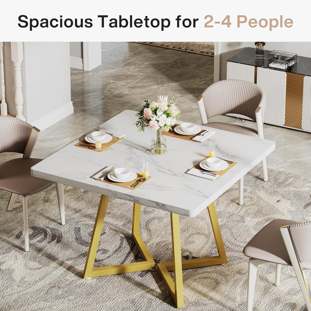 Tribesigns Square Dining Table for 2, 31.5" Modern Dinner Table with Metal Base, Kitchen Table for Dining Room, Small Space, Apartment, White & Gold