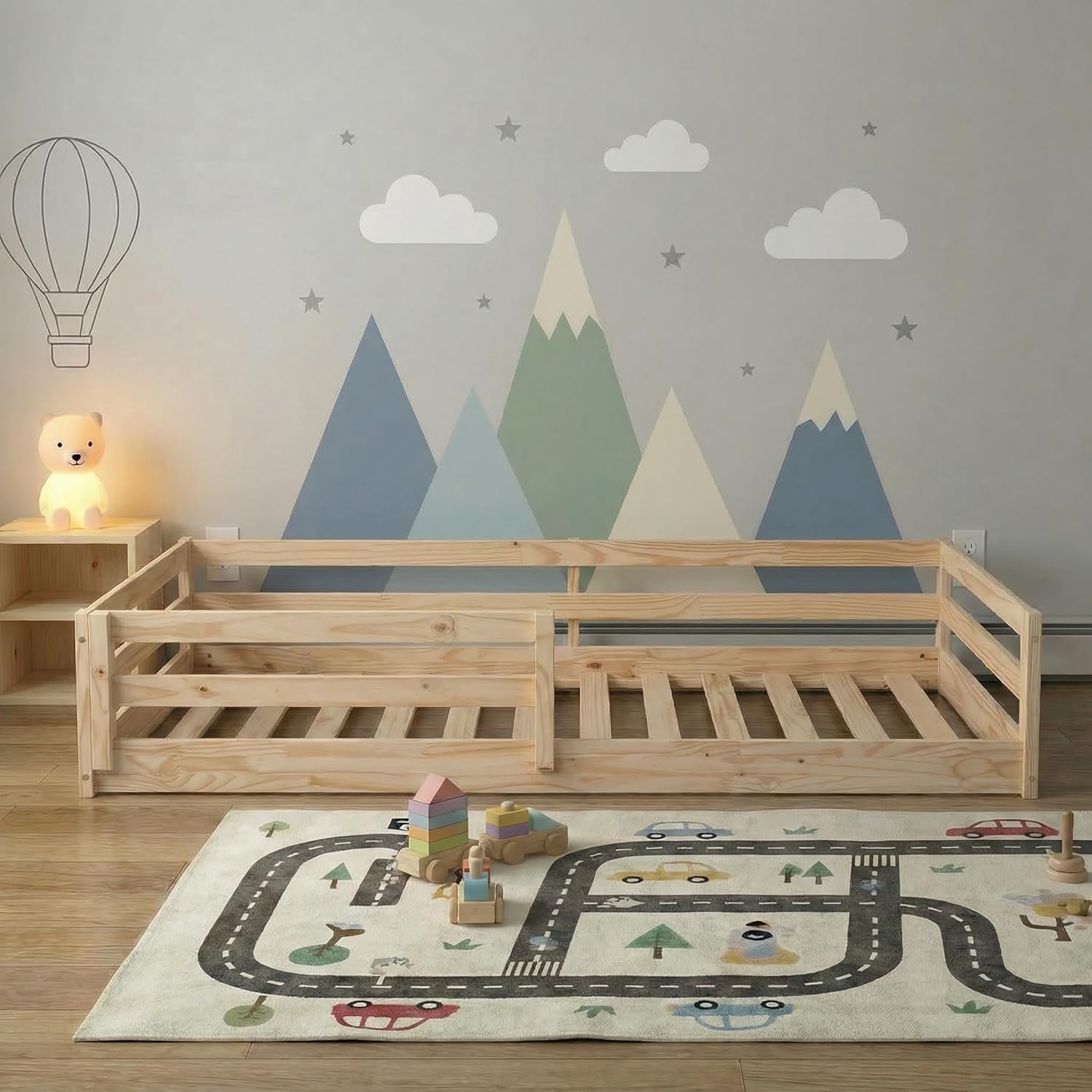 From the Tree Furniture Twin Size Floor Bed Frame, Solid Wood Montessori Bed for Toddlers & Kids, Low Platform Bed with Slats, Adult Weight Capacity, White or Unfinished (Unfinished)