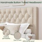LARMACE King Size Bed Frame with 4 Storage Drawers and Tufted Headboard Linen Upholstered Platform Bed Frame with Heavy Duty Wood Slats, No Box Spring Needed, Easy Assembly, Beige