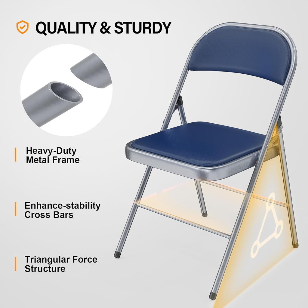 VINGLI 6 Pack Folding Chairs with Padded Seats, Metal Frame with Pu Leather Seat & Back, Capacity 350 lbs, Blue