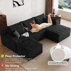 95" Modular Sectional Sofa with Ottoman, Modern Corduroy Cloud Couch with Deep Seat, Boneless Couch Upholstered 3-Seater U-Shaped Sofa for Living Room, No Assembly (Black,Right-Facing Chaise)