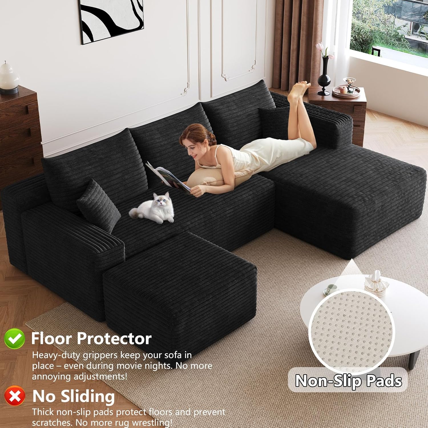 95" Modular Sectional Sofa with Ottoman, Modern Corduroy Cloud Couch with Deep Seat, Boneless Couch Upholstered 3-Seater U-Shaped Sofa for Living Room, No Assembly (Black,Right-Facing Chaise)