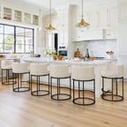 LUE BONA 26.8" Counter Height Bar Stools Set of 3, 180° Swivel Bar Stools, Modern Barrel Counter Stools with Back and Metal Frame, Fabric Upholstered Barstools for Kitchen Island, Linen Color
