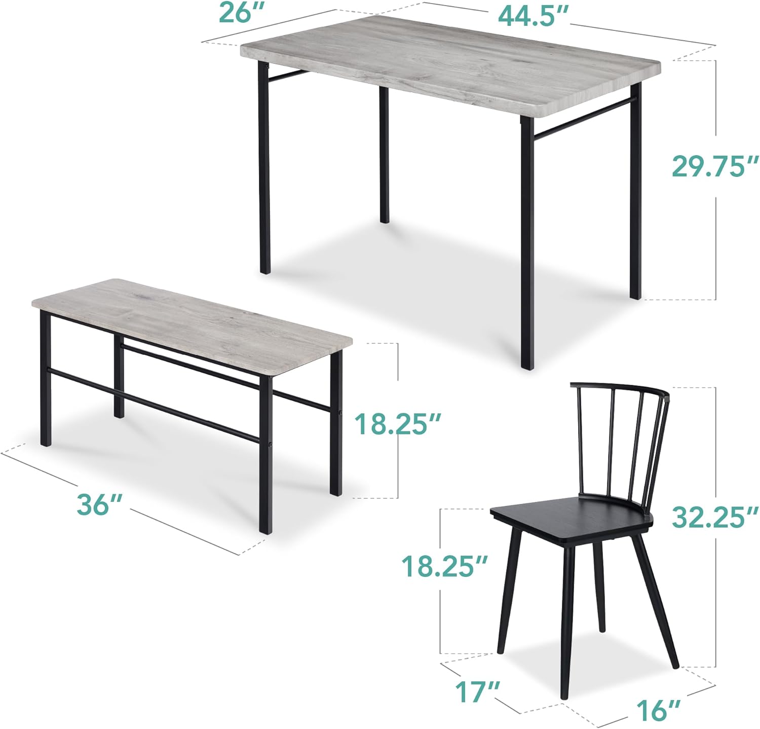 Best Choice Products 4-Piece Farmhouse Dining Table Set w/ 2 Black Spindle Chairs, Dining Bench, Kitchen Table, Windsor Chairs - Gray