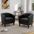 Pia Ricco Faux Leather Barrel Accent Chairs Set of 4, Modern Club Arm Chair Comfy Upholstered Single Sofa Chair with Solid Wood Legs and Nailhead Trim for Living Room/Reading Room, Black