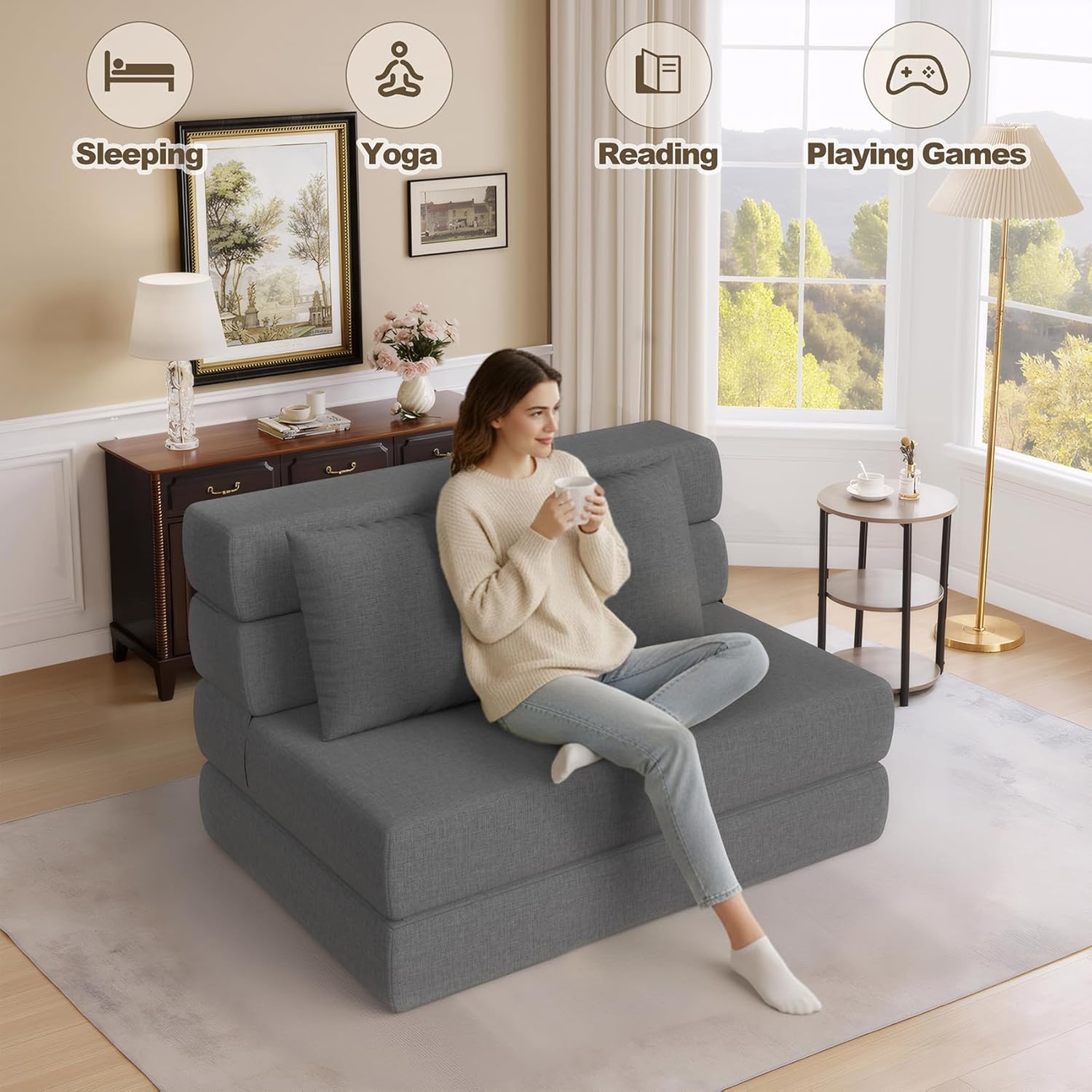 Folding Sofa Bed, Convertible Sleeper Chair & Couch Bed with Pillow, One-Piece High-Density Sponge Mattress, Multi-Purpose Floor Sofa for Living Room, Office, Dorm, Apartment, Grey, Single