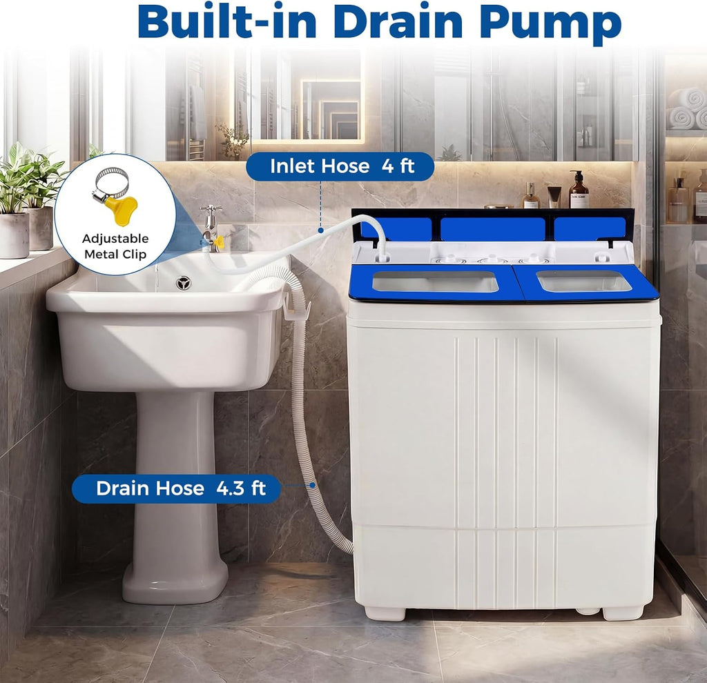 Giantex Portable Washing Machine, 20LBS Twin Tub Mini Compact Laundry Washer Spinner Combo with Drain Pump, 12Lbs Washer and 8Lbs Spinner for Apartments, RVs, Dorms, Blue+White