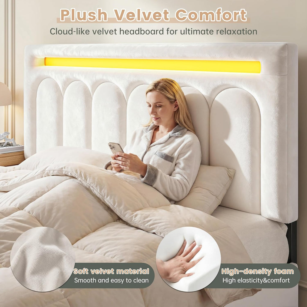 Velvet Upholstered King Size Bed Frame with 4 Storage Drawers, Vertical Arched LED Headboard, Sturdy Wood Slats Support, No Box Spring Needed, Beige