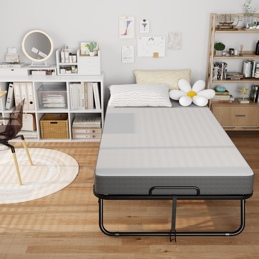 Folding Bed with 5" Mattress, 75" x 31" Roll Away Twin Beds for Adults with Storage Cover, Portable Foldable Bed with Metal Frame on Wheels for Guest, Space Saving