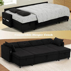ACMEASE110“ U-Shaped Pull Out Sofa Bed w/Storage Chaise & Adjustable Back, Chenille Sectional Sofa w/USB Port,Tufted Sleeper Couch w/Cup Holders for Living Room, Black