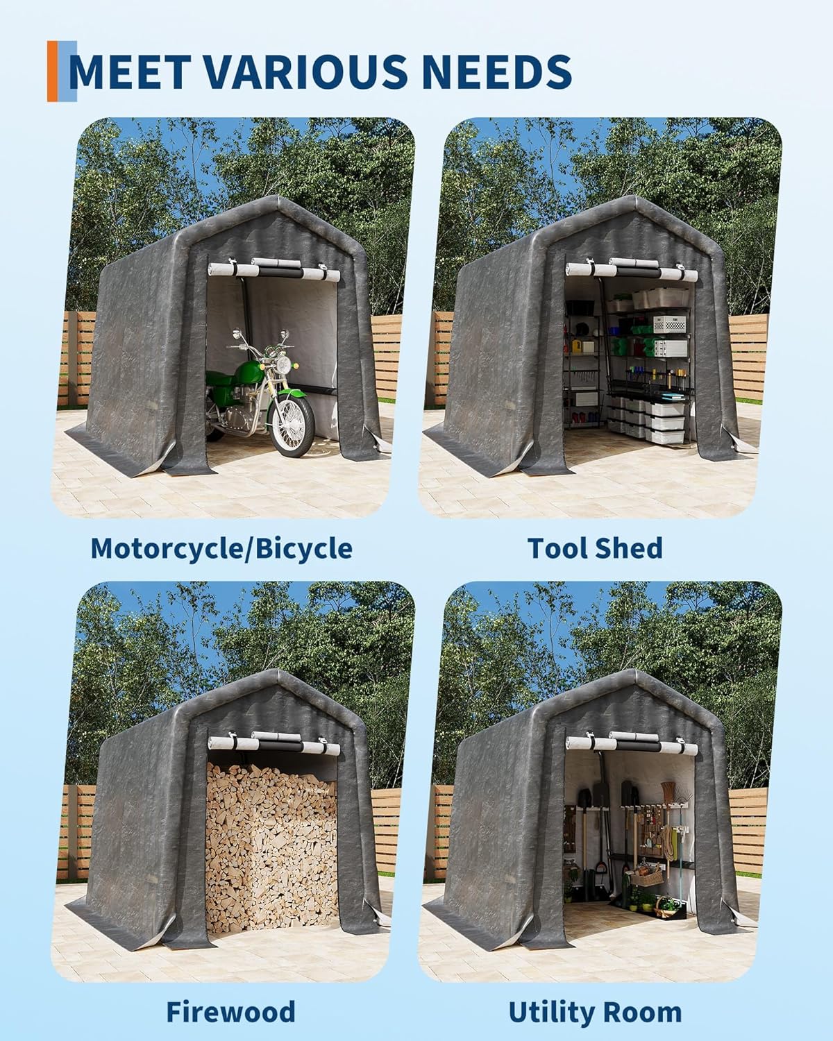  6X8 FT Heavy-Duty Portable Outdoor Storage Shed with Roll-Up Zipper Door & Vent, 240g Waterproof Carport Storage Shelter, UV-Resistant Canopy for Motorcycle, Firewood, Tools -Gray ﻿