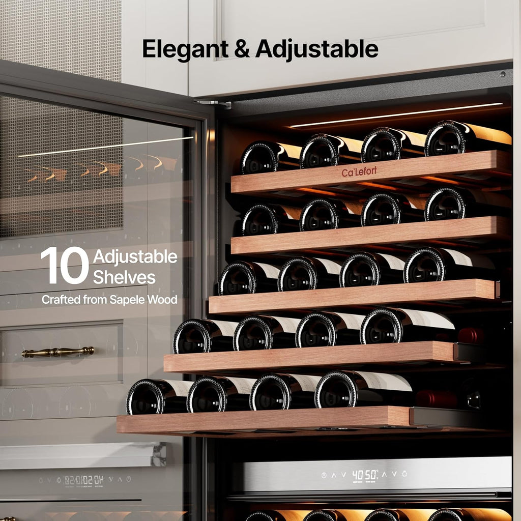 Ca'Lefort Wine Fridge Dual Zone  90 Bottle 24 Inch Wine Cooler Refrigerator  40-65°F Refrigerator with Glass Door  3 LED Built-in/Freestanding Fridge for Bar/Kitchen/Resterant (Left-Hinged)