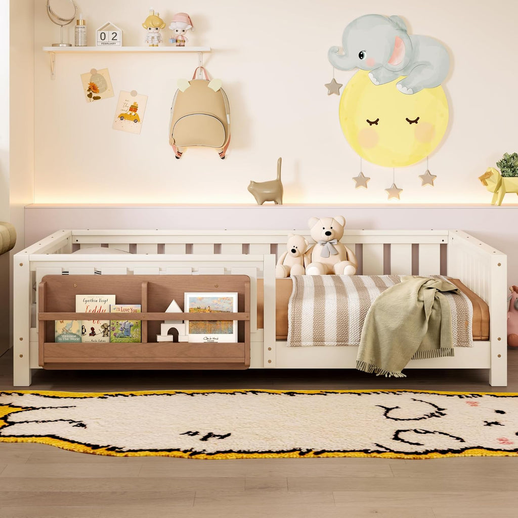 Bellemave Beige Montessori Floor Bed with Fence and Slats, Full Size Montessori Floor Bed with Bookcase and High Rails, Easy Assemble Bed Frame for Girls, Boys, Full