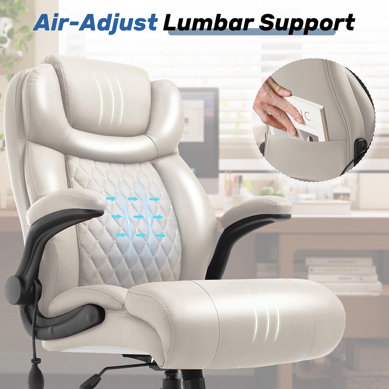 550LBS Big and Tall Office Chair, Comfy Heavy Duty Executive Chair with Adjustable Lumbar Support Double Spaces Casters, PU Extra Wide Seat Ergonomic Computer Desk Chair for Back Pain, BEIGEWHITE