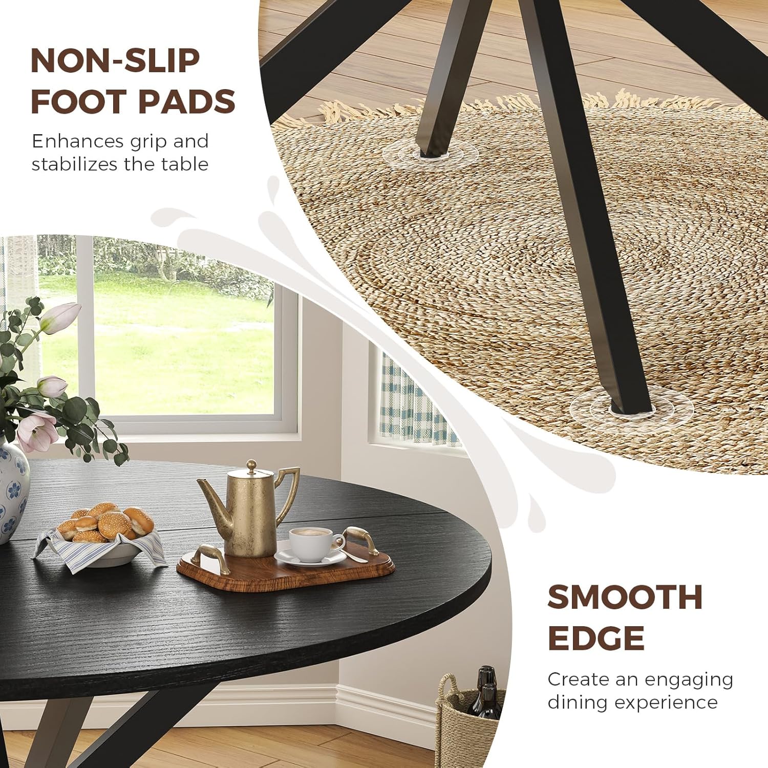 Unovivy 47 Inch Round Dining Table for 4, Space Saving Circle Dining Table with Pedestal Metal Frame, Industrail Modern Round Kitchen Table for Living & Dining Room, Black
