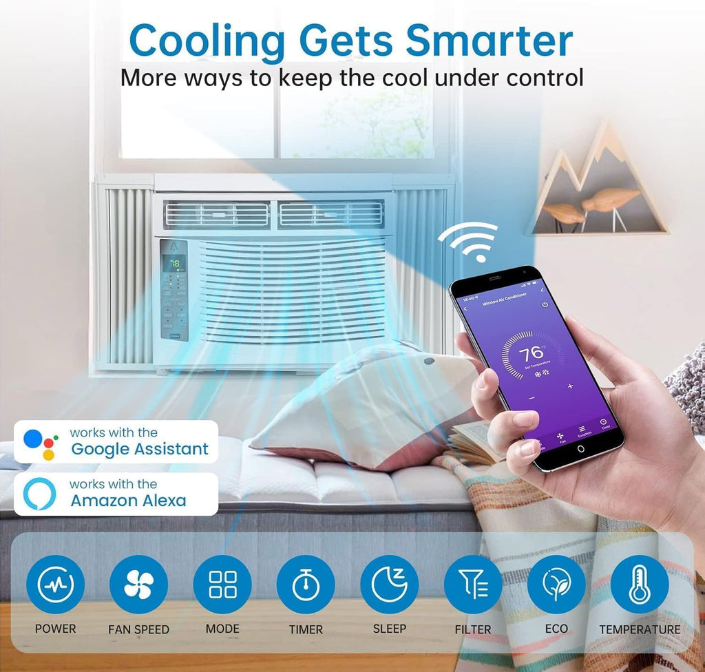 Window Air Conditioner, 6,000 BTU Capacity Covers 250 Sq Ft, Smart Home Compatible with Remote Control and with Wi-Fi Connectivity, Quick Install Window Unit for Bedrooms & Living Spaces