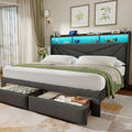King Size Bed Frame with 2-Tier Storage Headboard, Upholstered King Bed Frame with 2 Drawers, Charging Station and LED Lights, No Box Spring Needed, Easy Assembly - Dark Grey