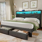 King Size Bed Frame with 2-Tier Storage Headboard, Upholstered King Bed Frame with 2 Drawers, Charging Station and LED Lights, No Box Spring Needed, Easy Assembly - Dark Grey