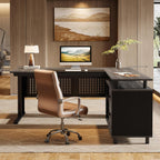 Tribesigns 63-Inch L-Shaped Executive Desk with Storage Shelves, Large Office Computer Desk with Drawers and File Cabinet, Industrial Business Workstation for Home Office, Gray and Black