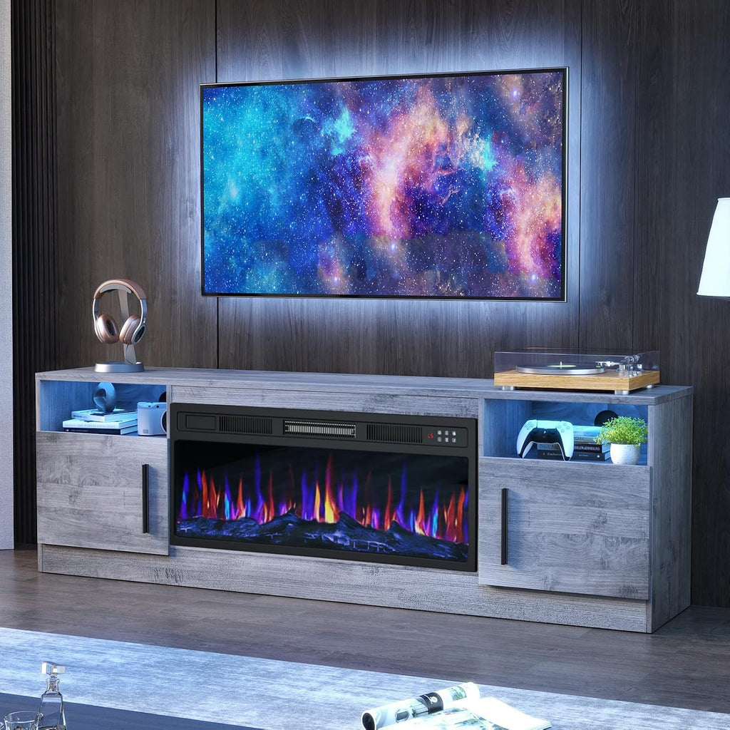 Fireplace TV Stand with 36" Fireplace Up to 80" TVs, 70" Entertainment Center with LED Lights, Remote Control, TV Media Console with Storage Cabinets for Living Room, Gray