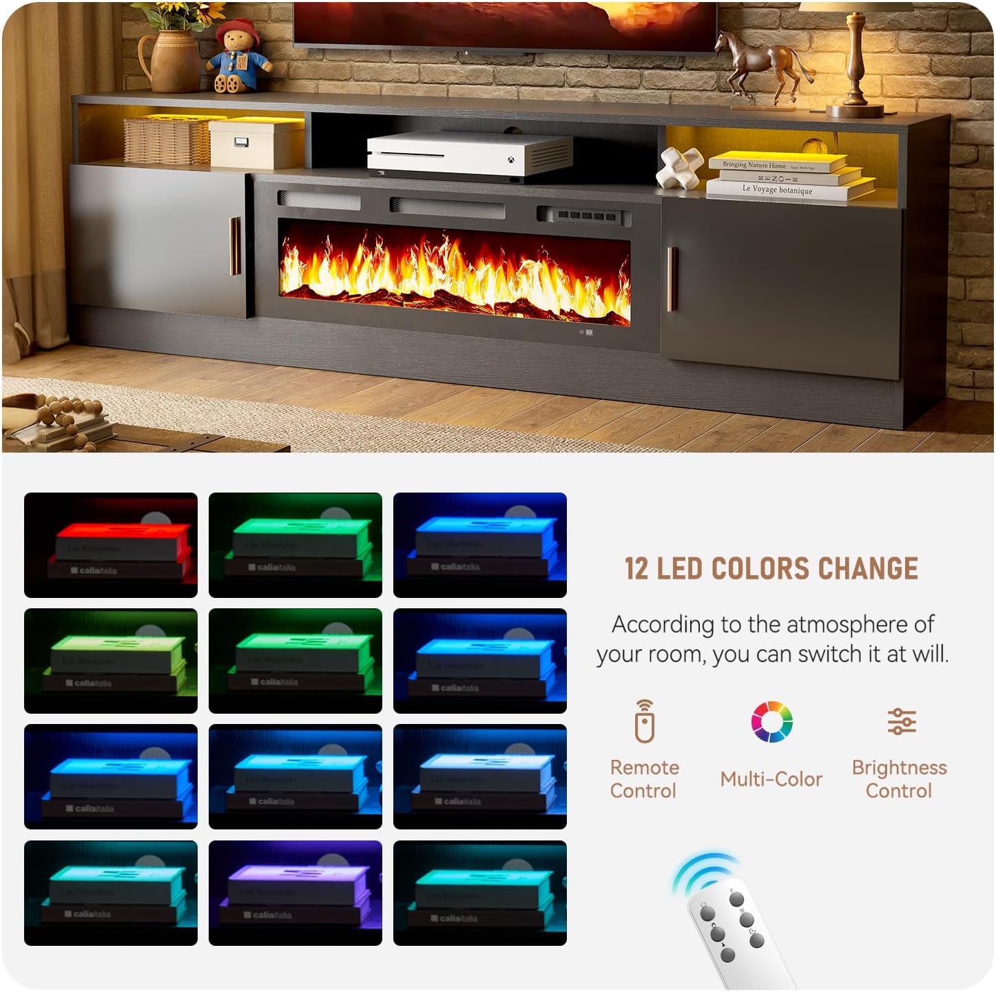 70" Fireplace TV Stand with Power Outlet for TVs UP to 80", Electric Fireplace Entertainment Center with LED Lights & Storage Cabinets, TV Console for Living Room, Office, Black-Black2