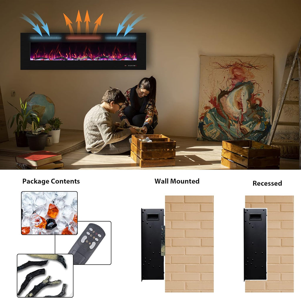 72inch Electric Fireplace in Wall Recessed and Wall Mounted Fireplace Electric, 13 Flame Colors, Realistic Logs & Crystals Fuel Bed, Adjustable Temperature and Timer, 750W/1500W, Black