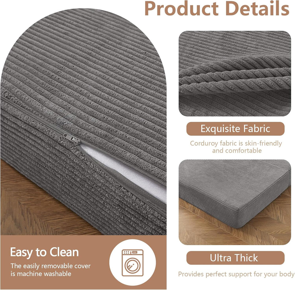BYBYME Tri-Folding Corduroy Mattress, 6 Inches Gel Folding Mattress Topper, Foldable Soft Guest Bed Camping Pad, Washable Cover (Grey, Full)