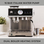 Kenmore Espresso Machine - Automatic Coffee Maker With Auto Tamper, Auto Cleaning, Milk Steamer & Frother, Bean Grinder, Make Professional Barista Style Cappuccino, Latte, Stainless Steel