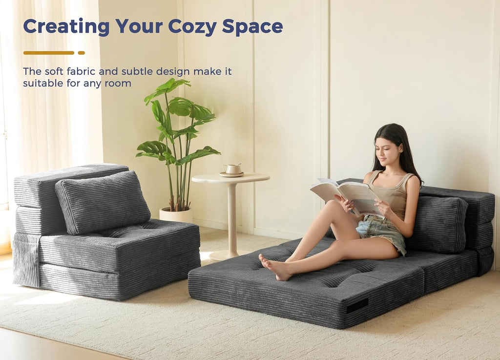 MAXYOYO Convertible Sofa Bed, Fold Out Loveseat Sleeper Sofa with Pillow, 4 in 1 Tufted Folding Couch Bed Foam Floor Couch, Lazy Chair for Living Room Bedroom Guest Room, Dark Grey