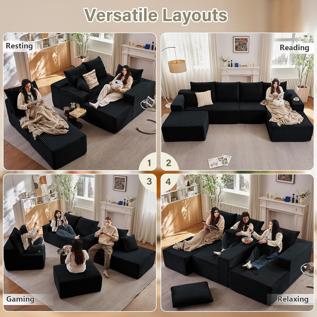 135" U-Shape Cloud Couch, Modern Modular Sectional Comfy L-Shape Sofa with Ottoman, Deep Seat, Upholstered Corduroy Sleeper Chaise Longue for Living Room Bedroom, No Assembly Required, Black