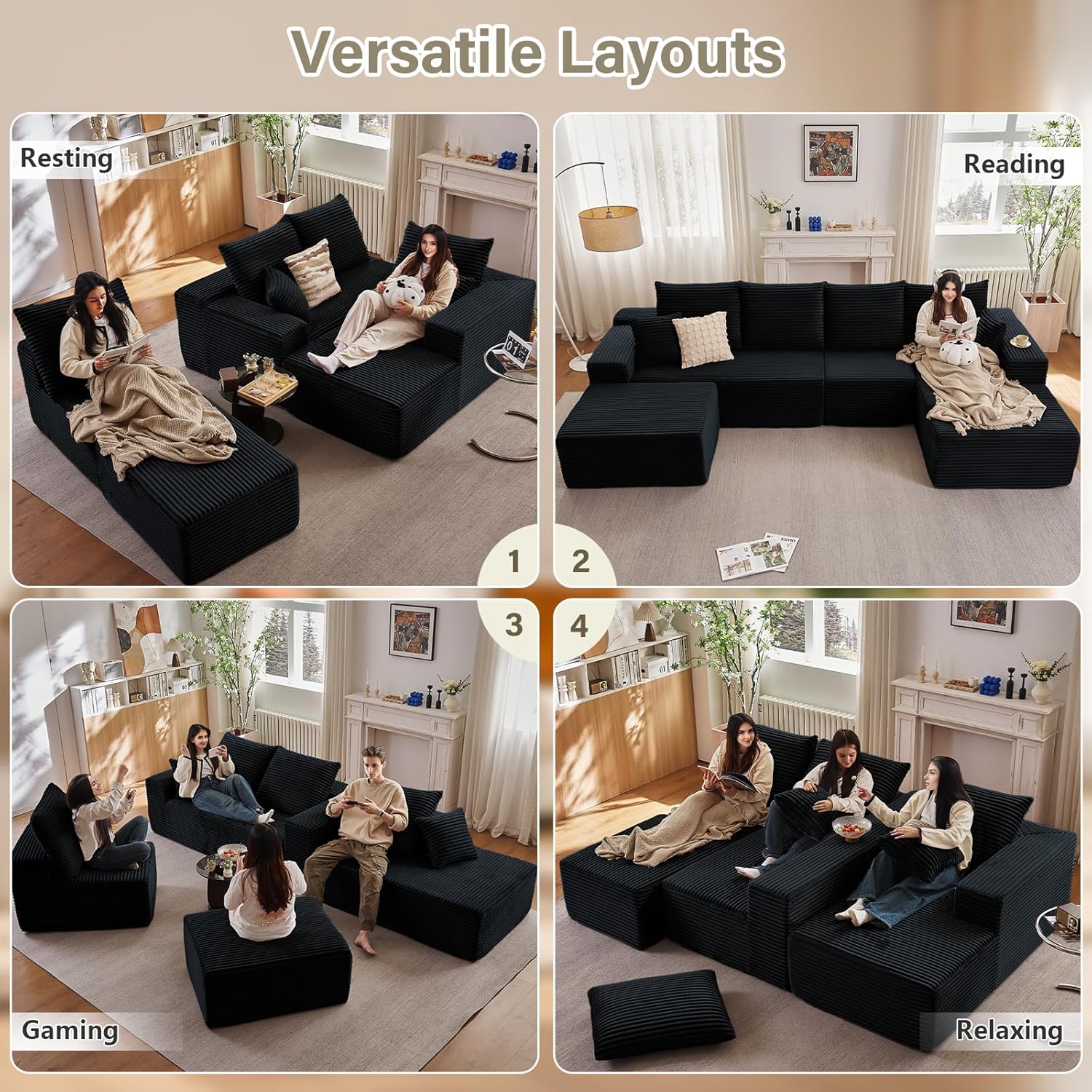 135" U-Shape Cloud Couch, Modern Modular Sectional Comfy L-Shape Sofa with Ottoman, Deep Seat, Upholstered Corduroy Sleeper Chaise Longue for Living Room Bedroom, No Assembly Required, Black