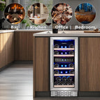 Phiestina Wine Fridge, 15 Inch Small Wine Cooler Refrigerator 31 Bottles Dual Zones Under Counter Temperature Control Built-in/Freestanding