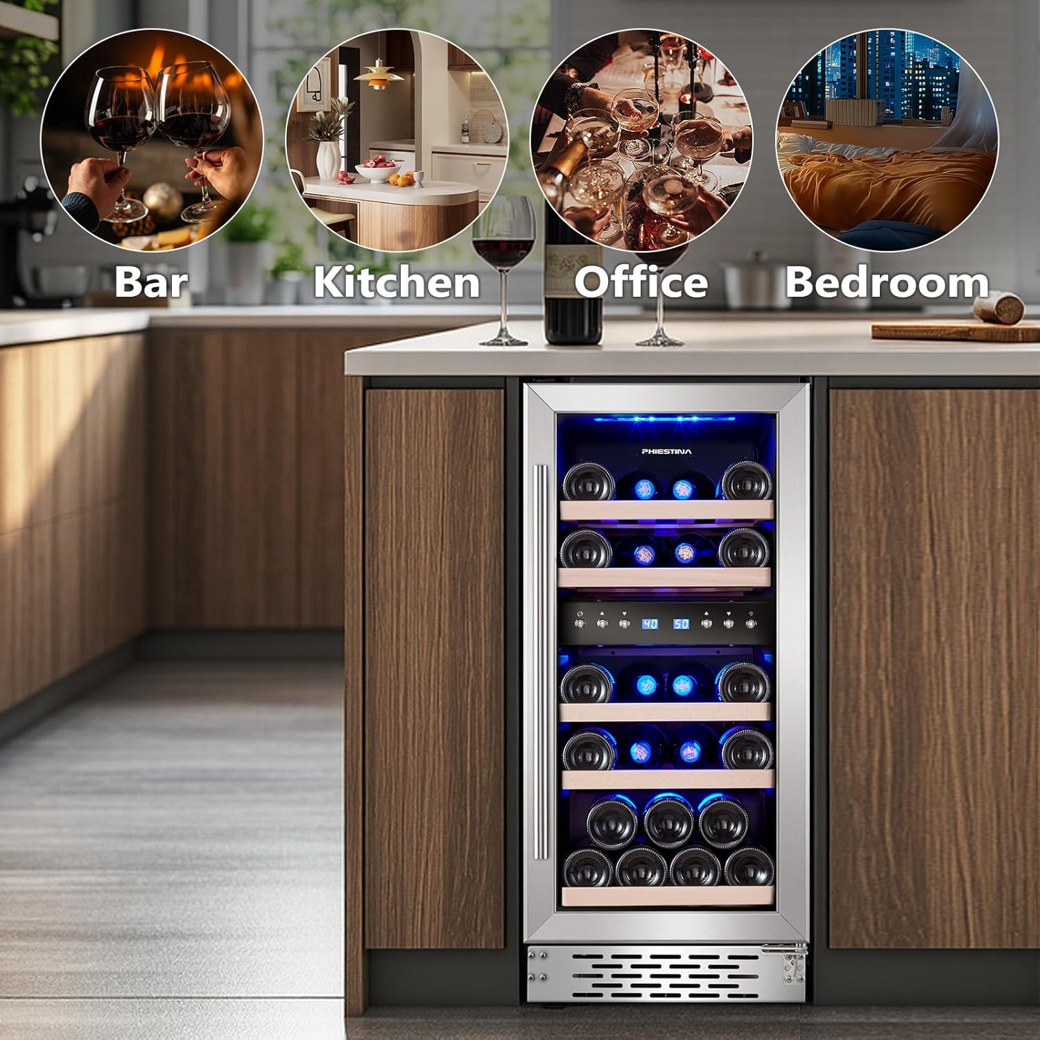 Phiestina Wine Fridge, 15 Inch Small Wine Cooler Refrigerator 31 Bottles Dual Zones Under Counter Temperature Control Built-in/Freestanding
