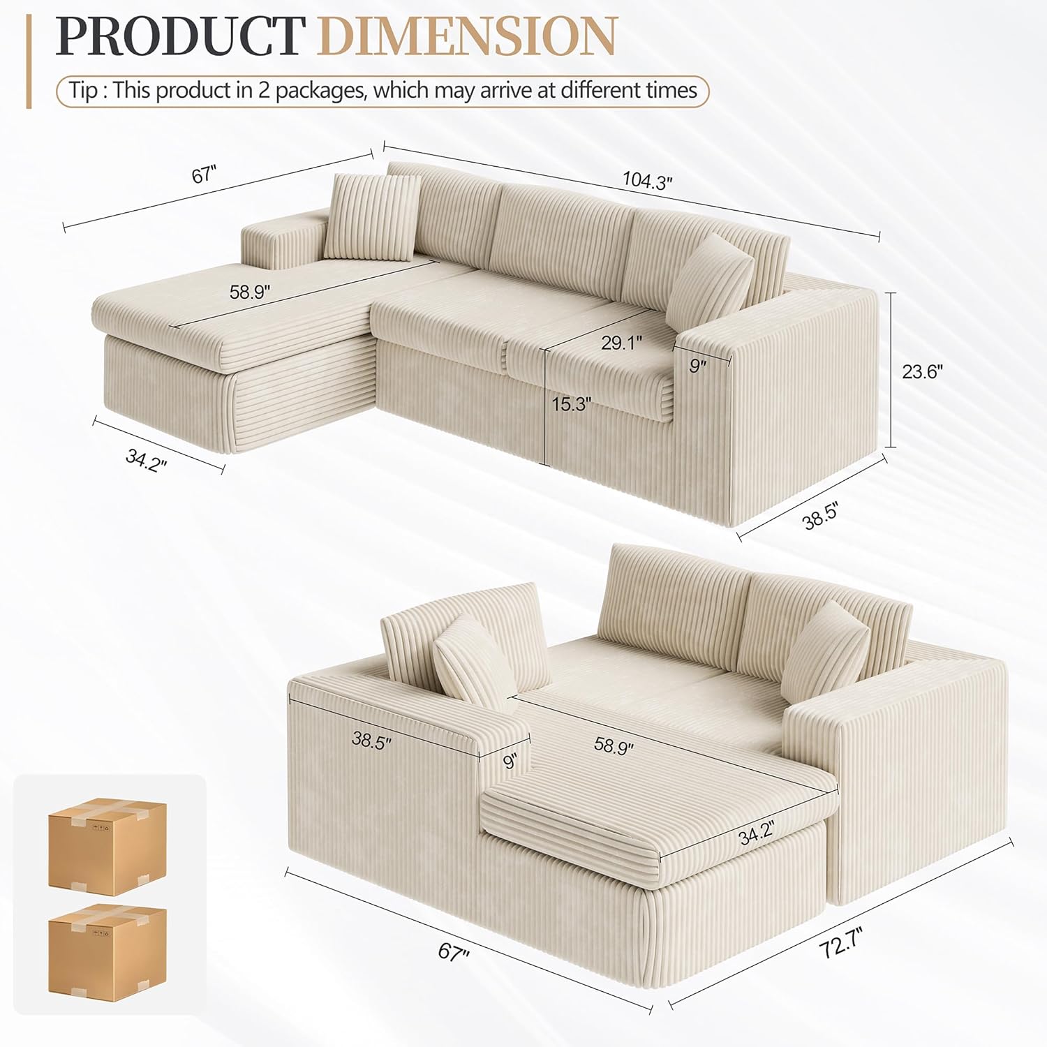 Vongrasig 105" Boneless Couches for Living Room, Sectional Couches Modular Sofa with L-Shaped Chaise, Memory Foam Comfy Cloud Couch with Plush Corduroy Fabric, No Assembly Required, Beige