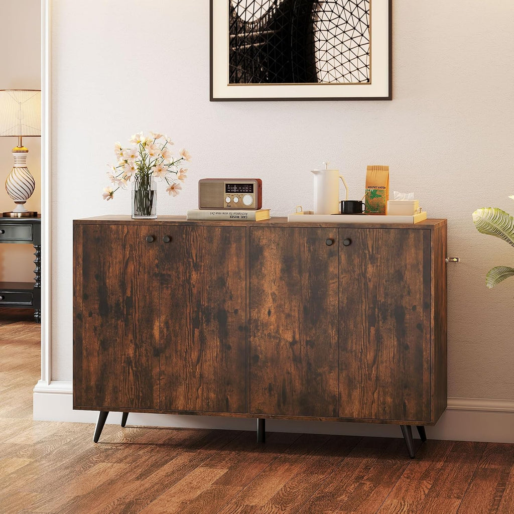 Giantex Sideboard Buffet Cabinet, 50’’ Accent Kitchen Storage Cabinet with 4-Door & 5-Position Adjustable Shelves, Modern Sideboard with 5 Legs, Buffet Table for Coffee Bar, Living Room, Rustic Brown