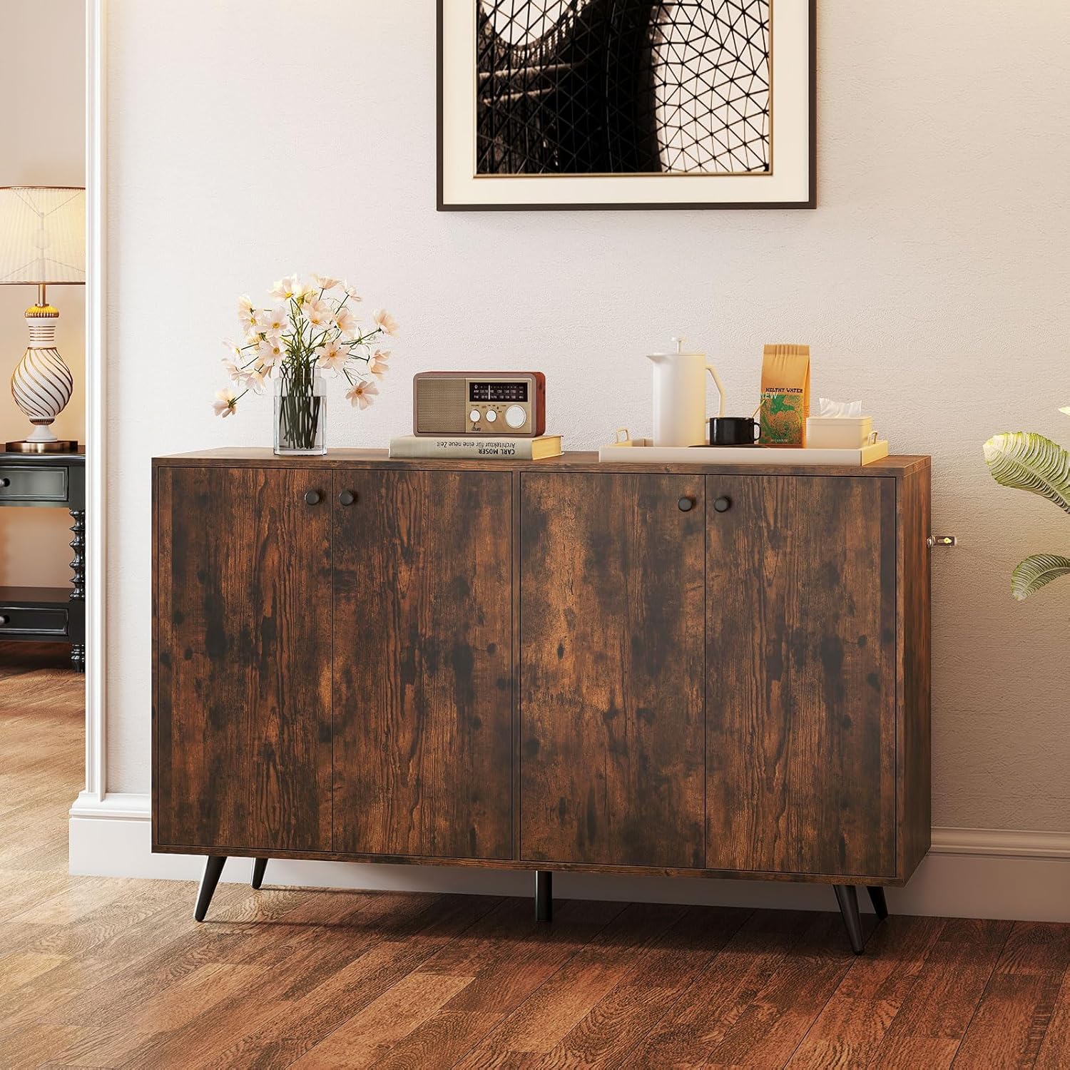 Giantex Sideboard Buffet Cabinet, 50’’ Accent Kitchen Storage Cabinet with 4-Door & 5-Position Adjustable Shelves, Modern Sideboard with 5 Legs, Buffet Table for Coffee Bar, Living Room, Rustic Brown