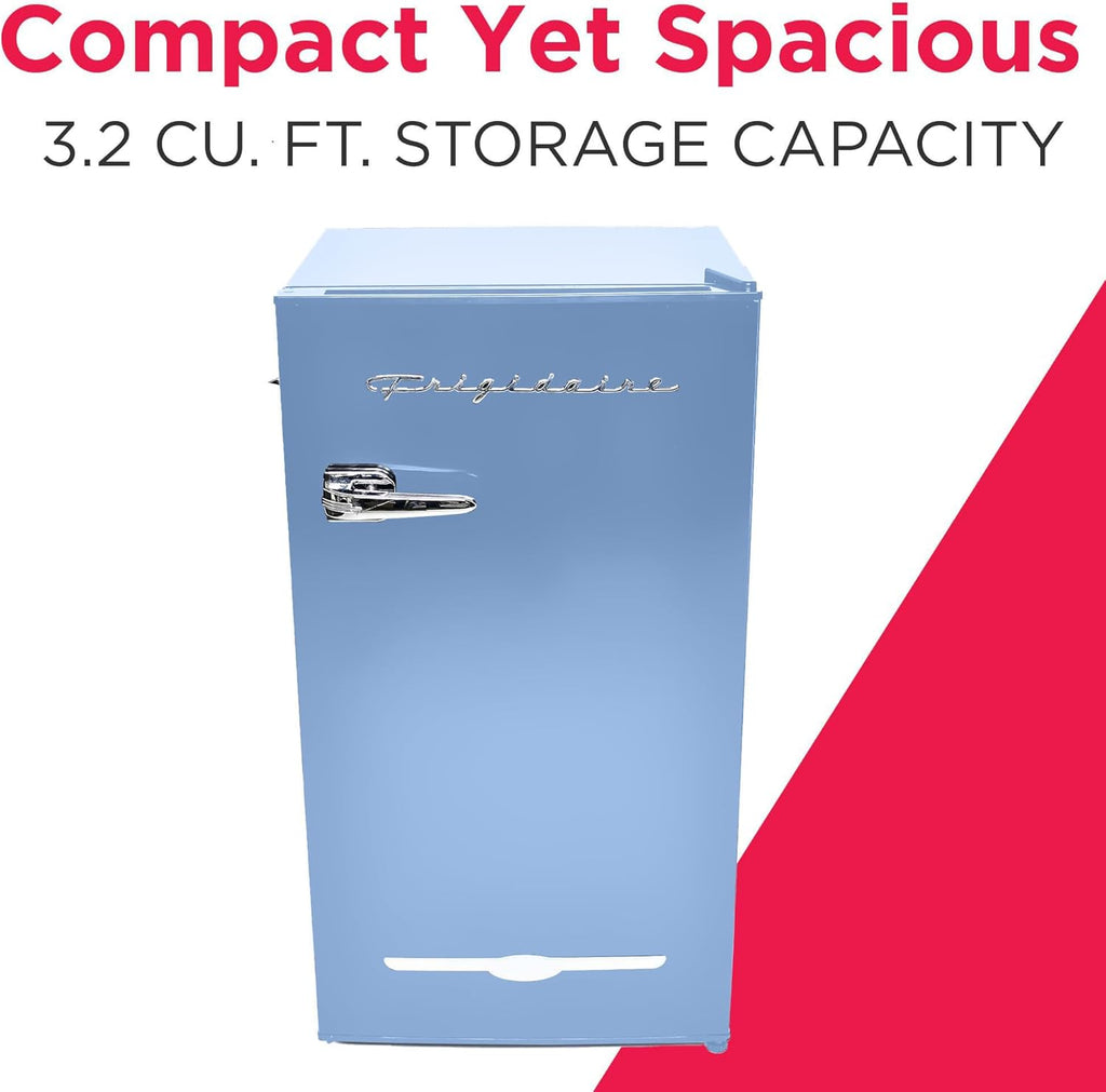 Frigidaire Retro Compact Fridge with Chiller, 3.2 cu ft Countertop Fridge with Built-In Bottle Opener, Compact Refrigerator for Office, Bedroom, Dorm Room or Cabin - 16.5" D x 19" W x 31" H (Blue)