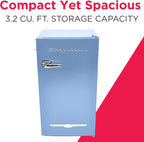 Frigidaire Retro Compact Fridge with Chiller, 3.2 cu ft Countertop Fridge with Built-In Bottle Opener, Compact Refrigerator for Office, Bedroom, Dorm Room or Cabin - 16.5" D x 19" W x 31" H (Blue)